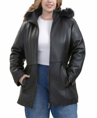 Plus Size Uzima Leather Hooded Parka Coat