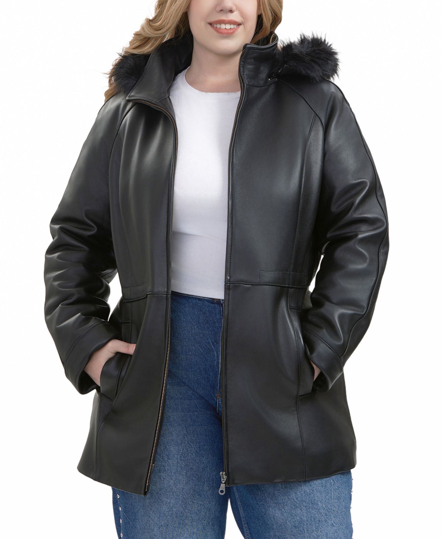Plus Size Uzima Leather Hooded Parka Coat