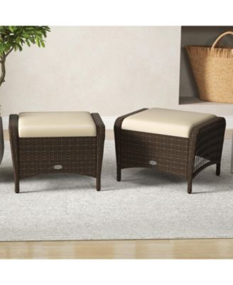 Set of 2 Outdoor Patio PE Wicker Ottomans with Removable Cushions