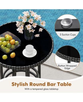 3-Piece Patio Rattan Bar Set with Tempered Glass Top for Backyard Poolside-Gray