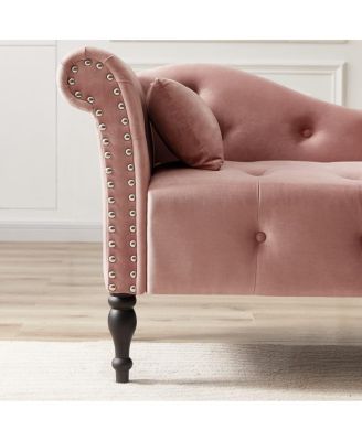 60 Inch Velvet Tufted Chaise Lounge with Nailhead Trim Solid Wood Legs and Pillow for Living Room Bedroom Reading or Relaxing