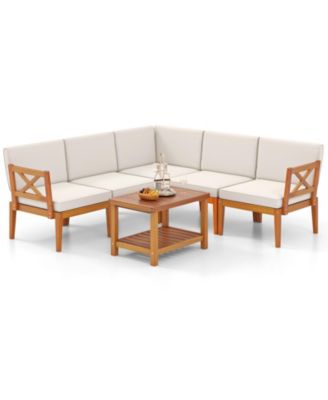 6 Pieces Acacia Wood Patio Furniture Set with Cushions and 2-Tier Coffee Table-White