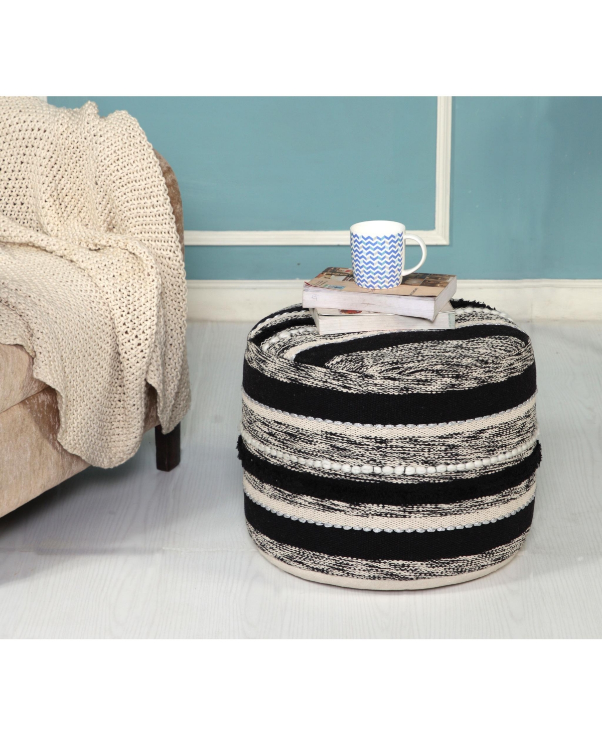 Cotton Pouf Ottoman for Living Room Seating and Decorative Accent