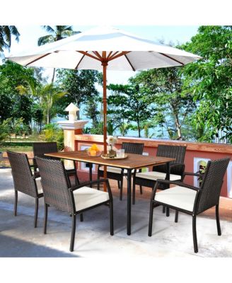 7PCS Patio Dining Furniture Set w/ Wooden Tabletop Cushion Umbrella Hole