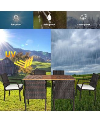 7PCS Patio Dining Furniture Set w/ Wooden Tabletop Cushion Umbrella Hole