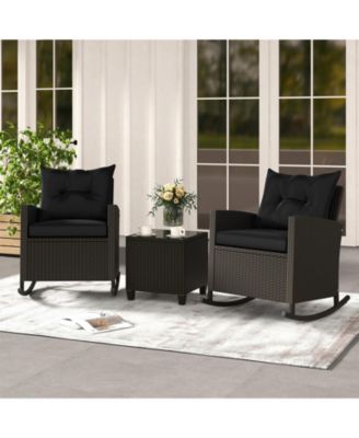 3-Piece Patio Rattan Roker Chairs with Tempered Glass Table and Soft Cushions-Black