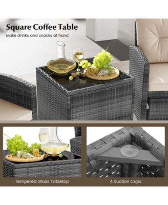 5 Piece Patio Rattan Furniture with 2 Ottomans and Tempered Glass Coffee Table