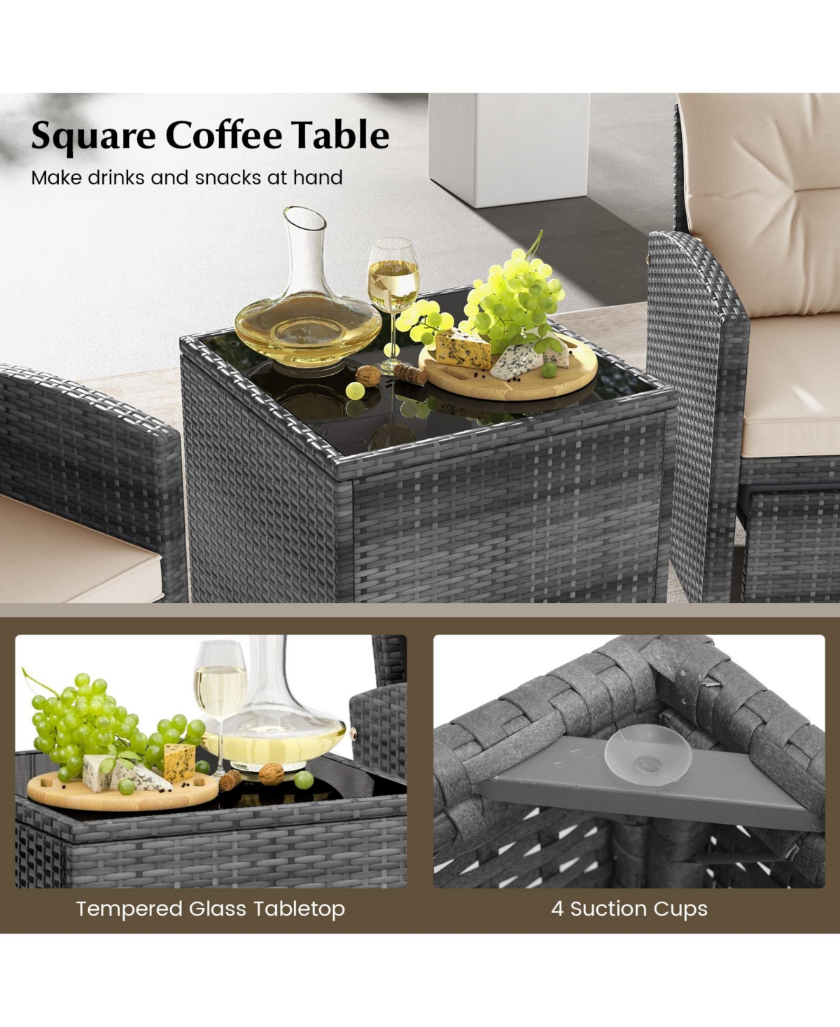 5 Piece Patio Rattan Furniture with 2 Ottomans and Tempered Glass Coffee Table