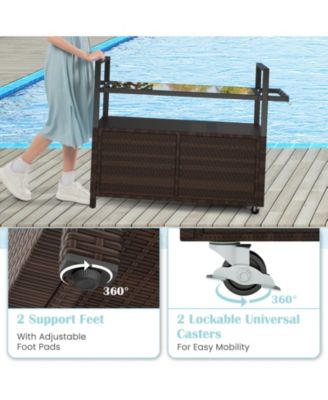 Outdoor Bar Cart Wicker Buffet Serving Cart with Cabinet and 8 Hooks