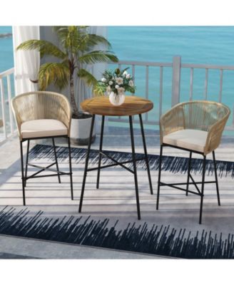 3 Pieces Rope Woven Patio Bar Set with Soft Cushions and Acacia Wood Tabletop