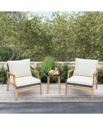 3 Pieces Patio Furniture Set with Cushioned Chairs and Tempered Glass Side Table-Brown