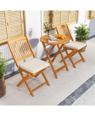 3 Pieces Acacia Wood Patio Folding Bistro Set with Soft Cushions-Beige