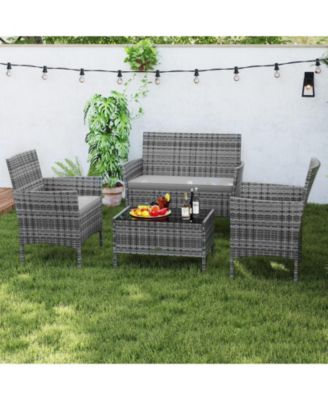 4 Piece Patio Rattan Conversation Set with Cozy Seat Cushions-Light Gray