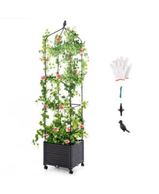 Indoor Outdoor Raised Garden Bed with Trellis and Self-Drainage and Wheels-Black