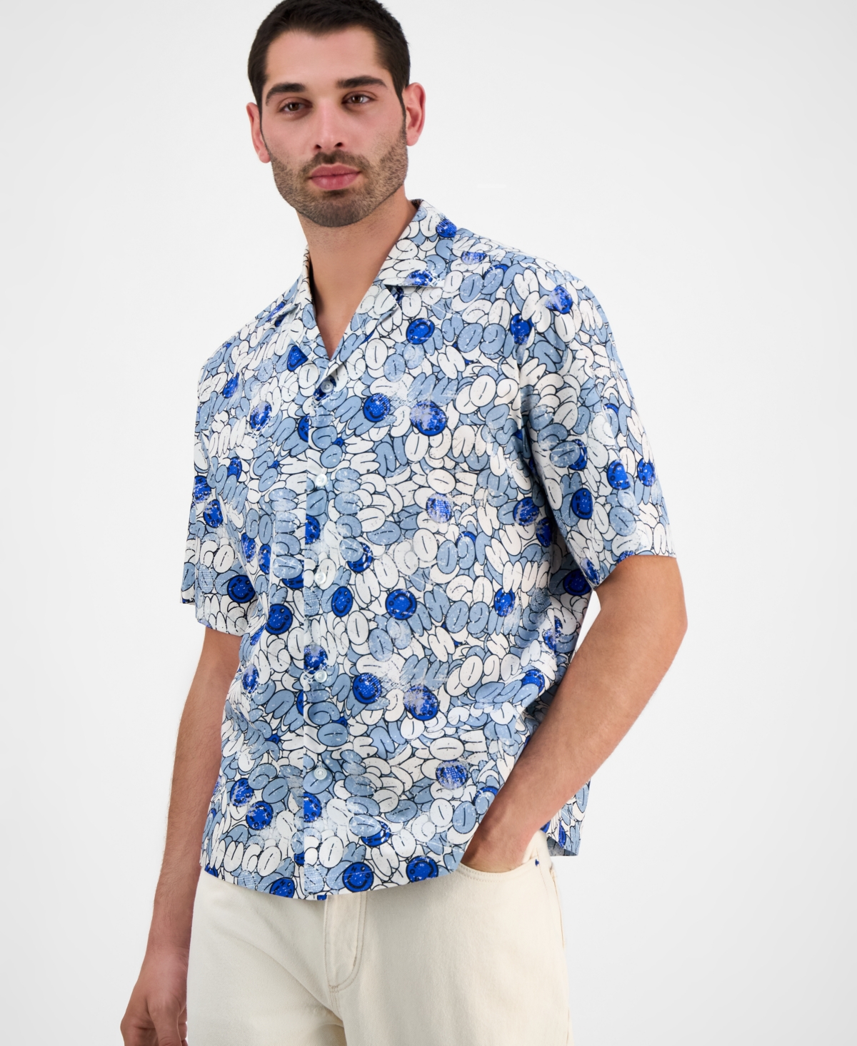 Hugo by Hugo Boss Men's Eligino Relaxed Fit Short Sleeve Abstract Print Button-Front Camp Shirt - Light/pastel Blue