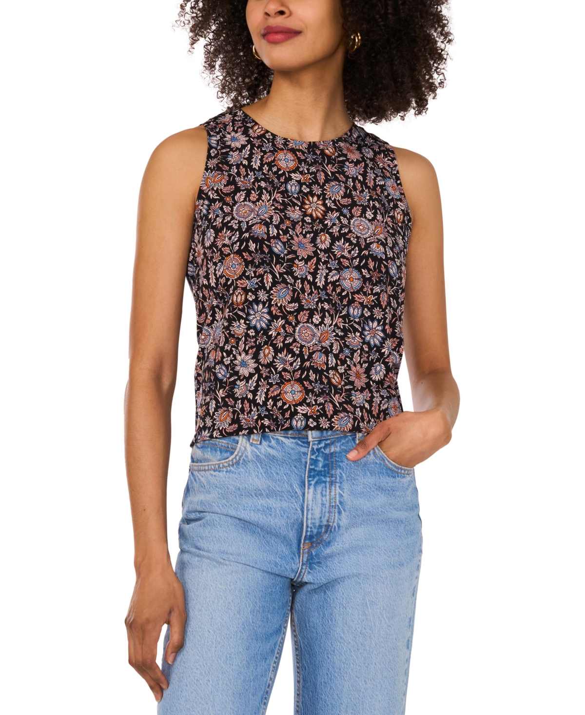 Women's Printed Keyhole Tank Top - Rich Black