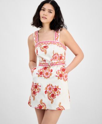Women's Embroidered Belted Mini Dress
