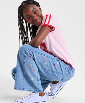 Big Girls Sporty V-Neck T-Shirt & High-Rise Baggy Embroidered Jeans