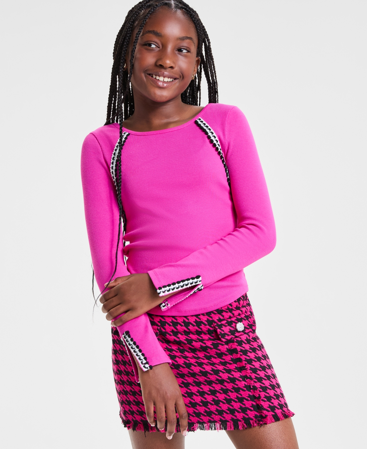 H By Habitual Kids' Big Girls Crochet-trim Rib-knit Top In Pink