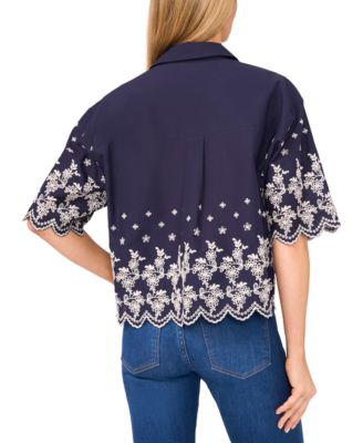 Women's Contrast Embroidered Cotton Collared Shirt