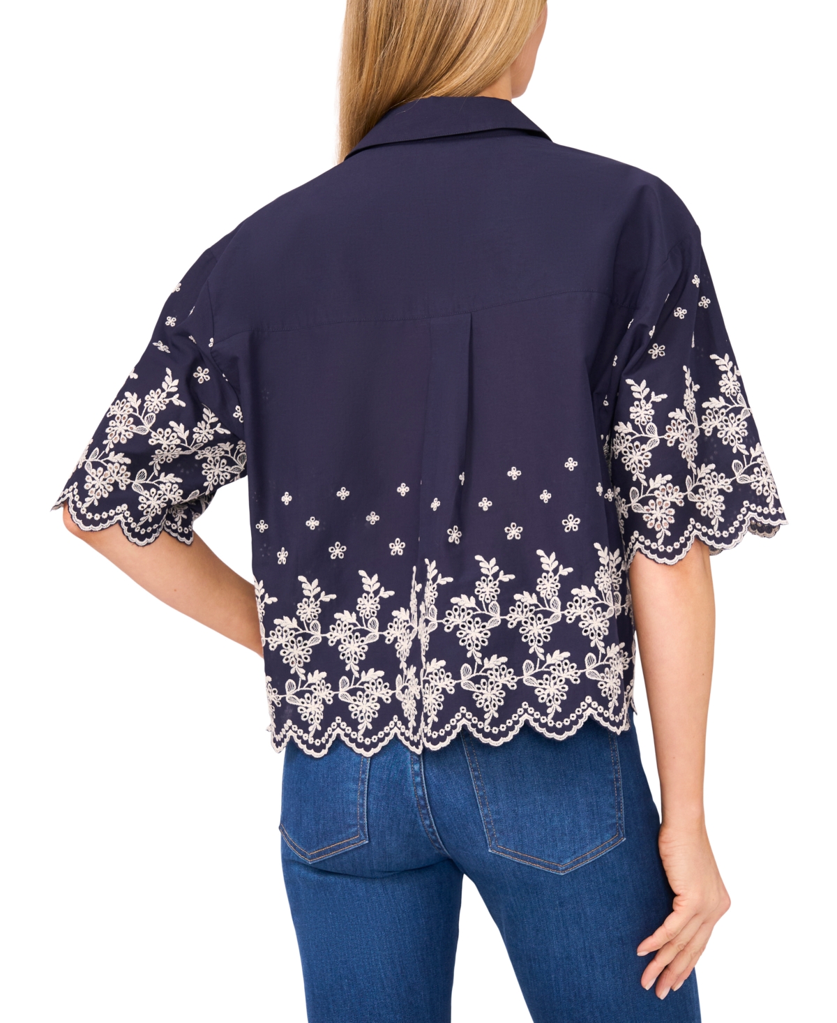 CeCe Women's Contrast Embroidered Cotton Collared Shirt