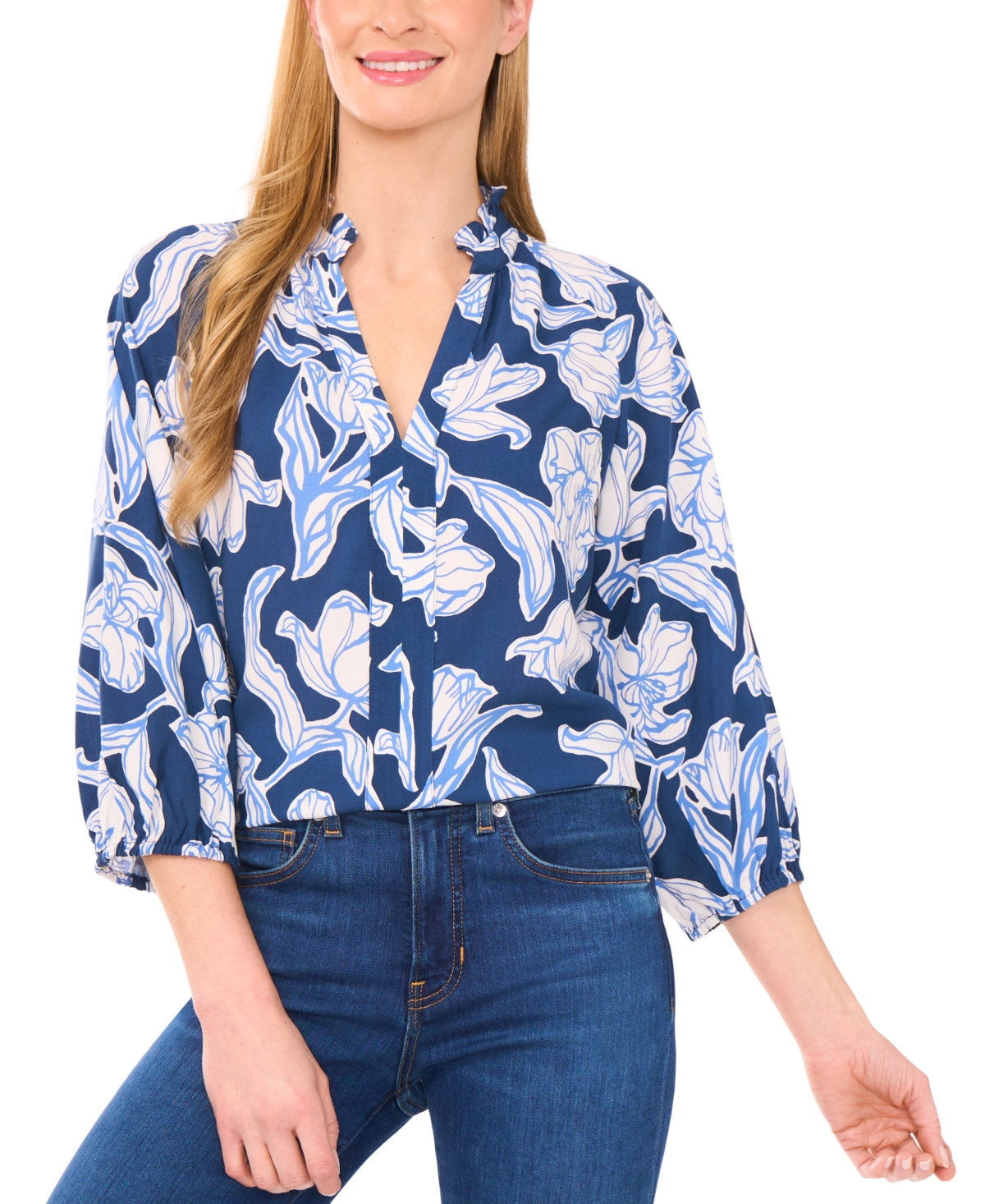 Women's Printed Raglan Top - Denim/White