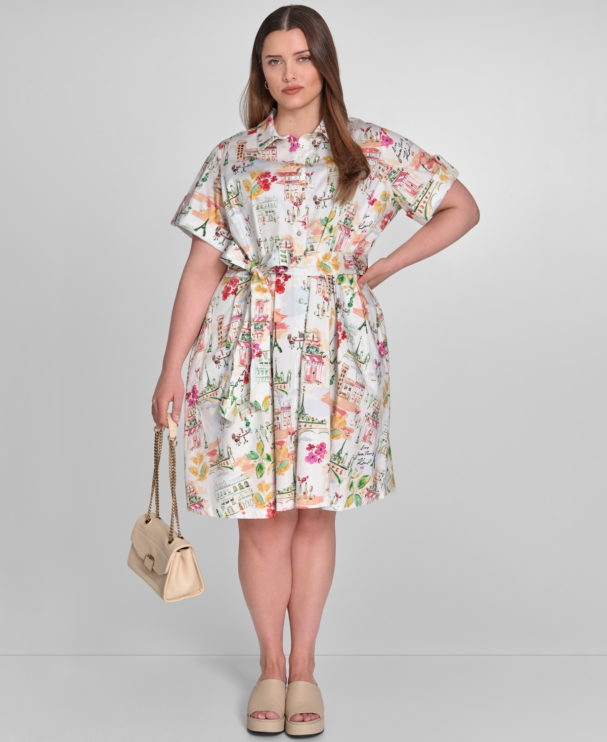 Karl Lagerfeld Plus Size Conversational Belted Shirtdress In Multi