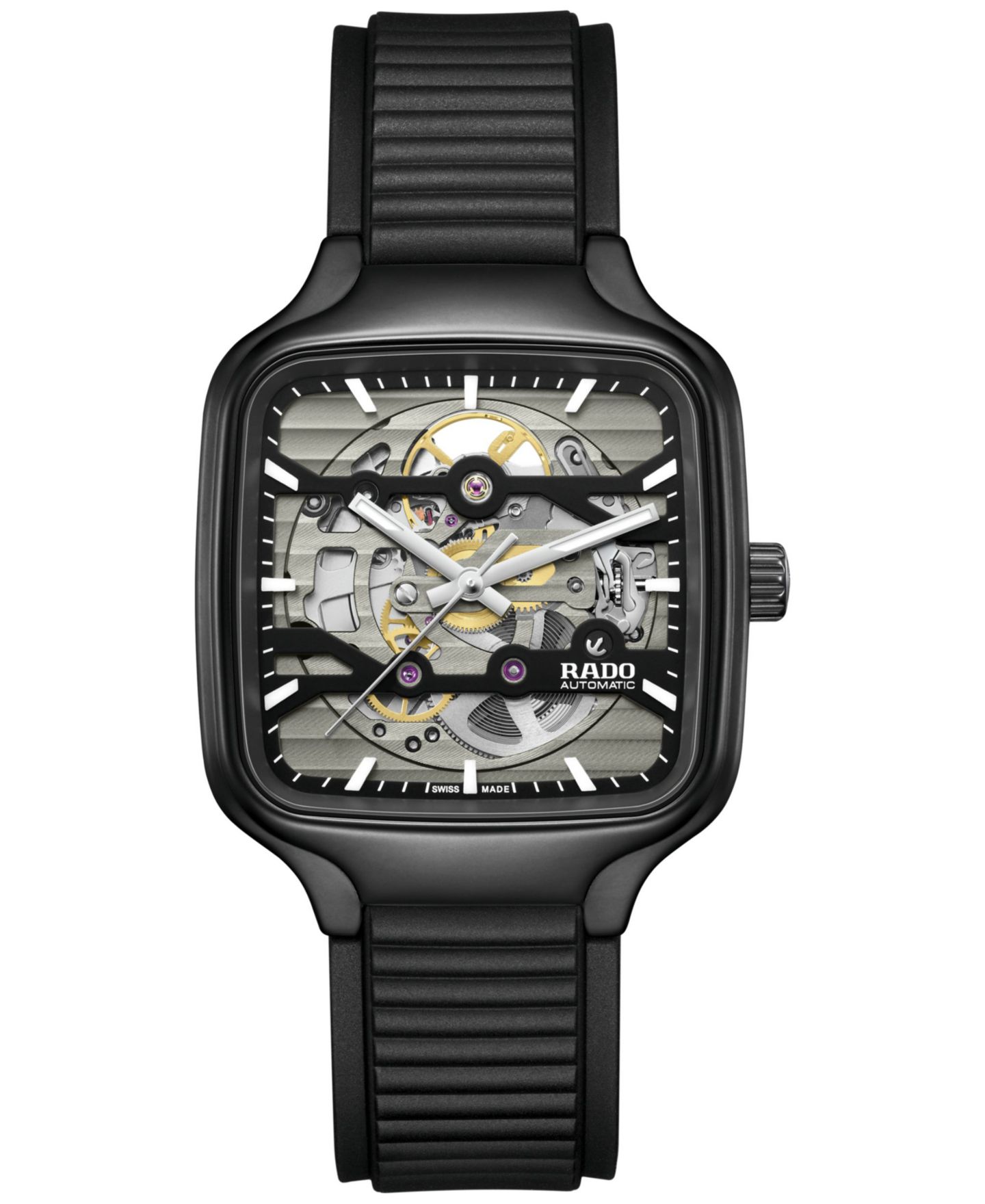 Часы Rado Unisex Swiss Automatic True Square Skeleton Black Rubber Strap Watch 38mm — фото 1