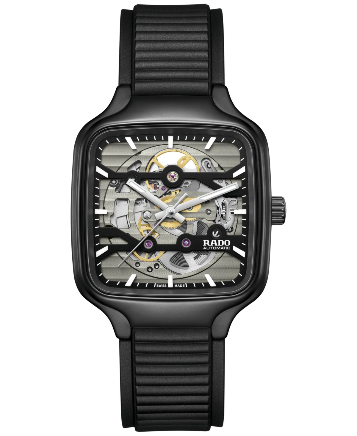 Unisex Swiss Automatic True Square Skeleton Black Rubber Strap Watch 38mm - Black