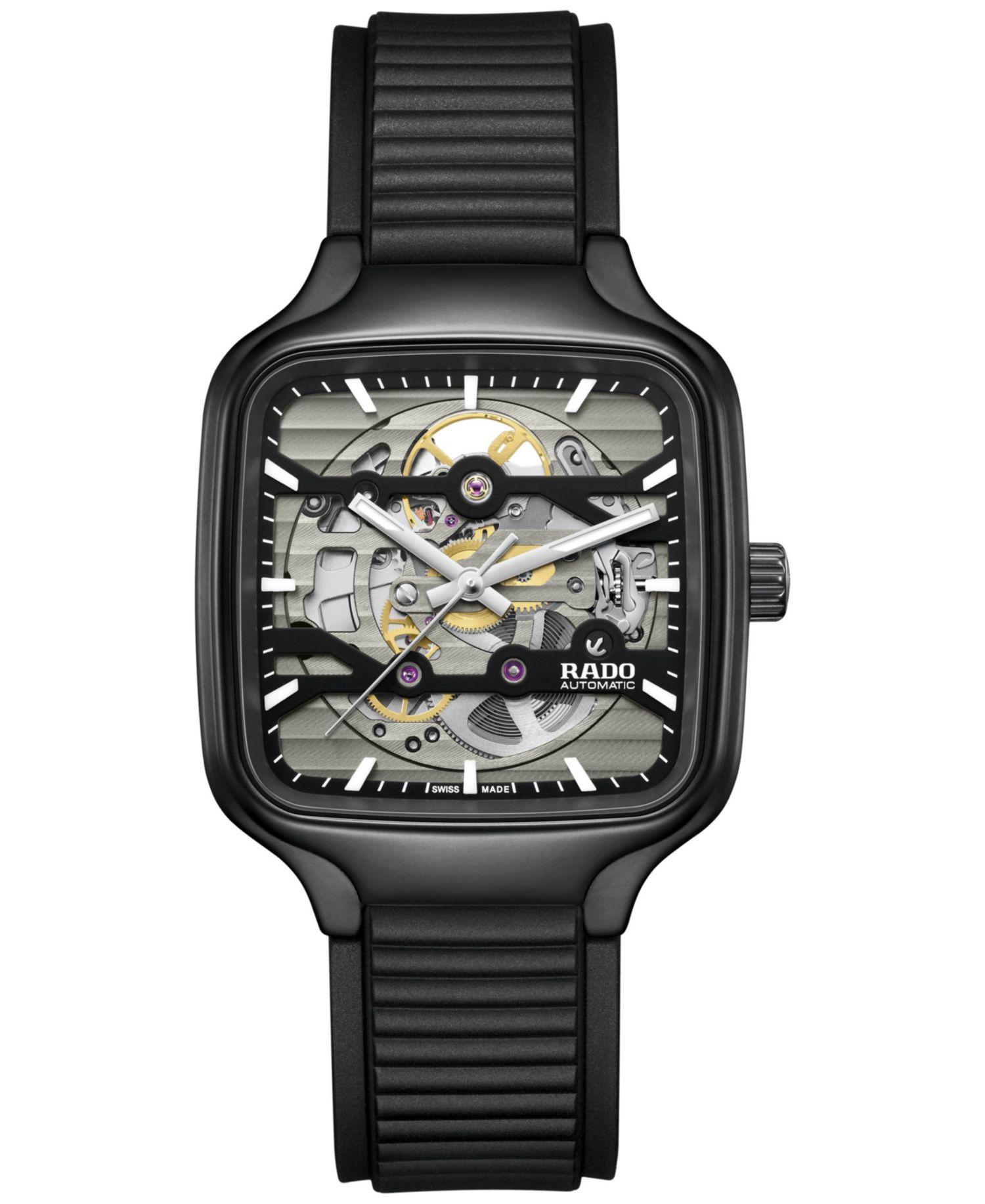 Unisex Swiss Automatic True Square Skeleton Black Rubber Strap Watch 38mm