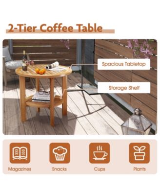 Outdoor Teak Wood Round Side Table Patio End Table with Slatted Storage Shelf