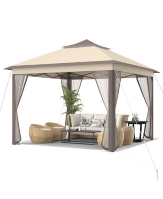 2-Tier Pop-Up Gazebo Tent Portable Canopy Shelter Carry Bag Mesh-Brown