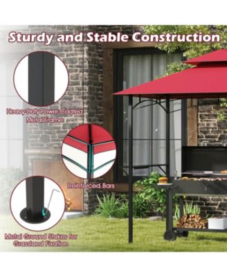 Outdoor Double-Tiered Grill Gazebo Canopy with 2 Shelves and 7 Hooks-Red