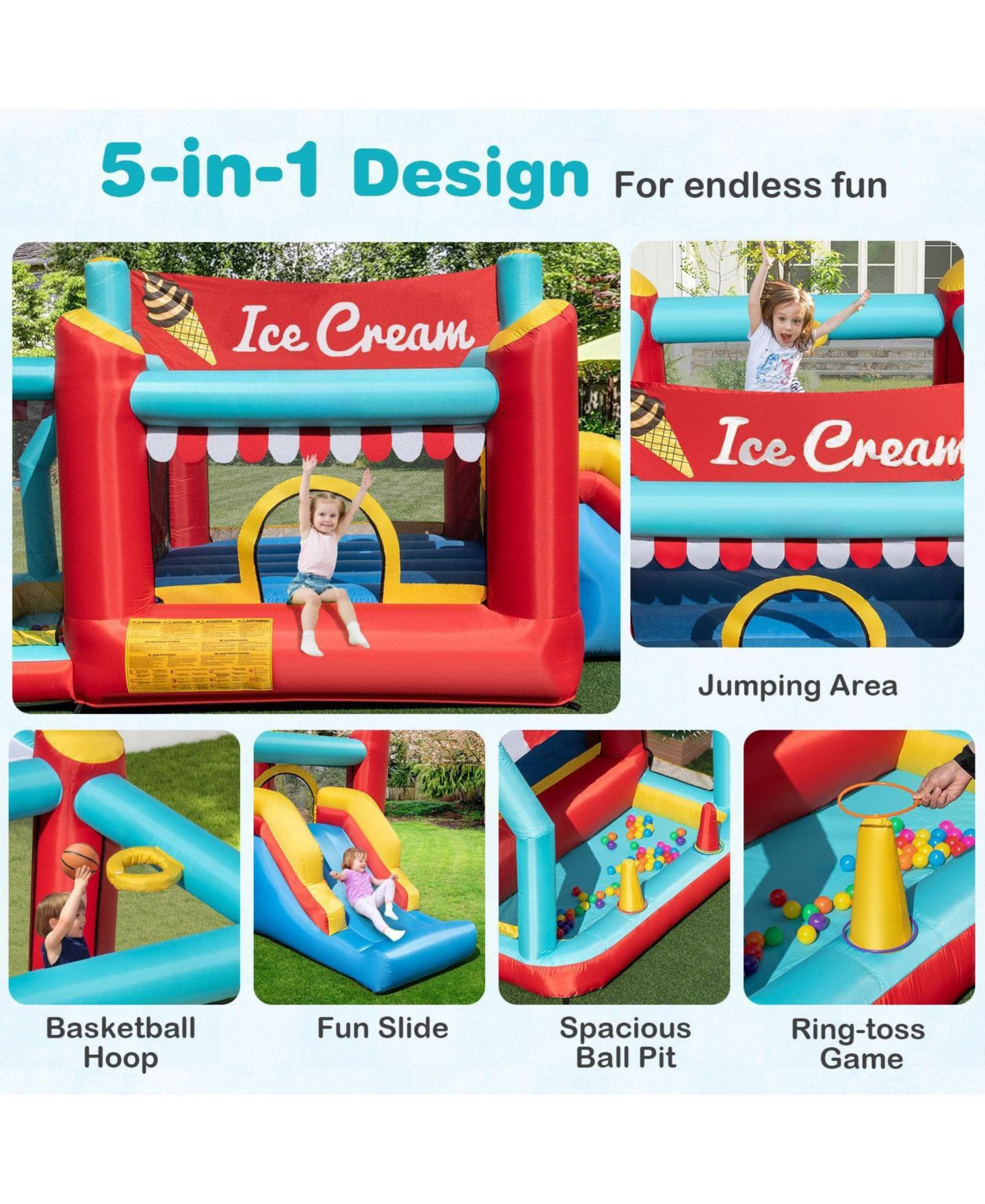Детская игрушка GOUUN 5-in-1 Ice Cream Inflatable Bounce House with Slide, Oxford Fabric, 480W Blower, Ages 3-10, цвет: Разноцветный — фото 7