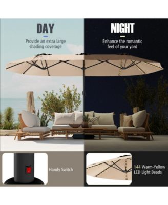 15.5 FT Extra-Large Patio Umbrella with LED Solar Lights and Crank Handle-Beige