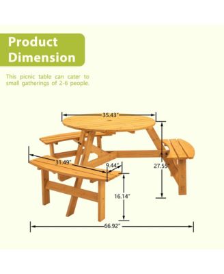 6-Person Natural Circular Wood Outdoor Picnic Table Seats 6 People with 3 Built-in Benches and Umbrella Hole