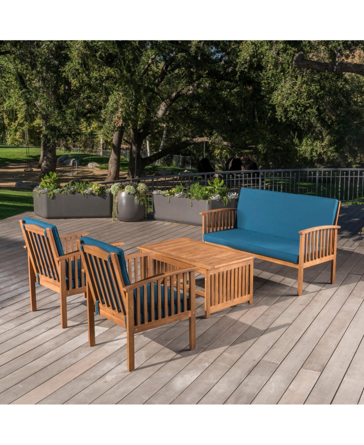 Outdoor 4-Pcs Set Acacia Wood Sofa Set with Water Resistant Cushions