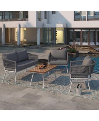 Patio Conversation 4-Piece Boho Rope Patio Furniture Set with Deep Seating and Thick Cushion, Outdoor Furniture with Acacia Wood Table