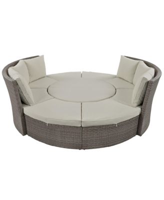 5-Piece Round Rattan Sectional Sofa Set All-Weather PE Wicker Sunbed Daybed with Round Liftable Table and Washable Cushions