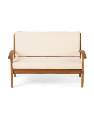 2 Pieces Acacia Wood Outdoor Loveseat with Coffee Table and Beige Cushions for Patio Backyard