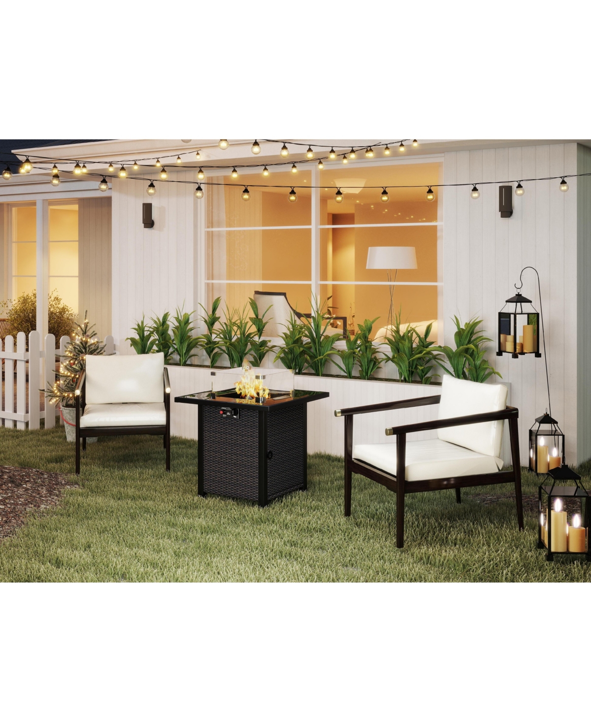 28 in. Propane Fire Pit Table, Rattan and Wicker,50000 Btu, Glass Windscreen Protector