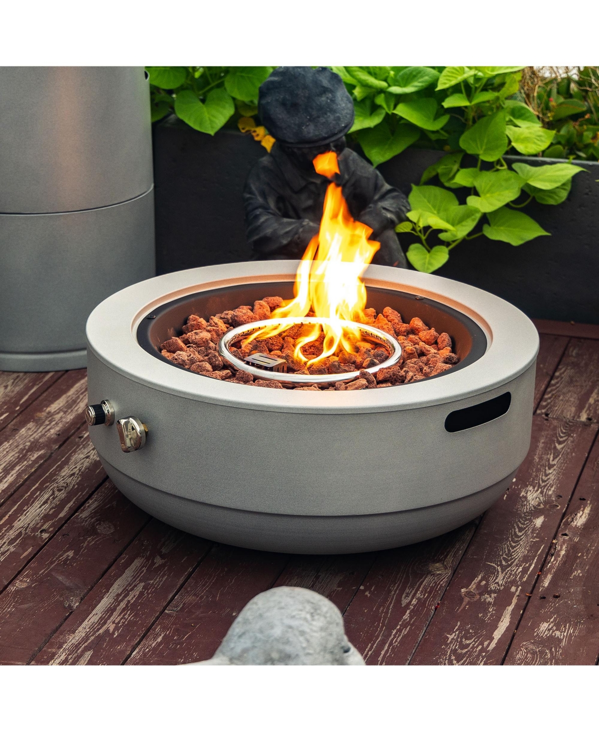 23.60 in. Concrete Round Outdoor Propane Fire Pit Table with Lid