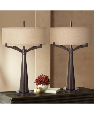 Tremont Modern Mid Century Table Lamps 31 1/2" Tall Set of 2 Rich Bronze Iron Burlap Fabric Drum Shade for Bedroom Living Room