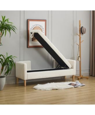 Corduroy Storage Bench with Armrests & Pillows - Ivory