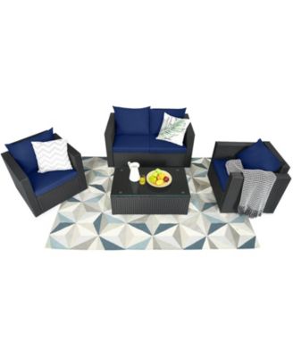 4 Pieces Patio Rattan Conversation Set with Padded Cushions
