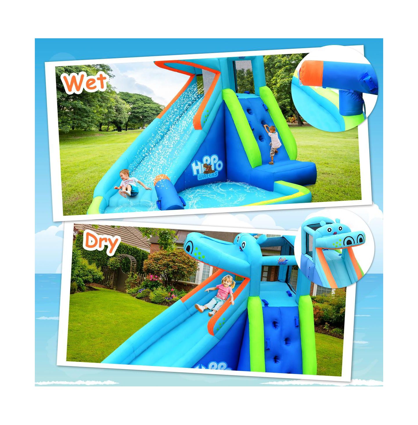 Детская игрушка GOUUN Hippo Water Slide Bounce House, 114"L x 150"W x 90"H, For 2-3 Players, от 3 лет, цвет: Синий — фото 4