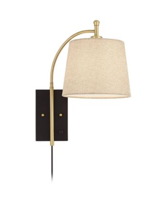 Chester Modern Swing Arm Wall Lamp Brass Black Plug-in Light Fixture Tan Drum Shade for Bedroom Bedside Living Room Reading Home House