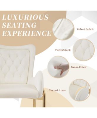 28.75inch Counter Height Bar Stools Set of 2, Bar Height Arm Chairs, Velvet Fabric Stools with Golden Legs and Footrests, White