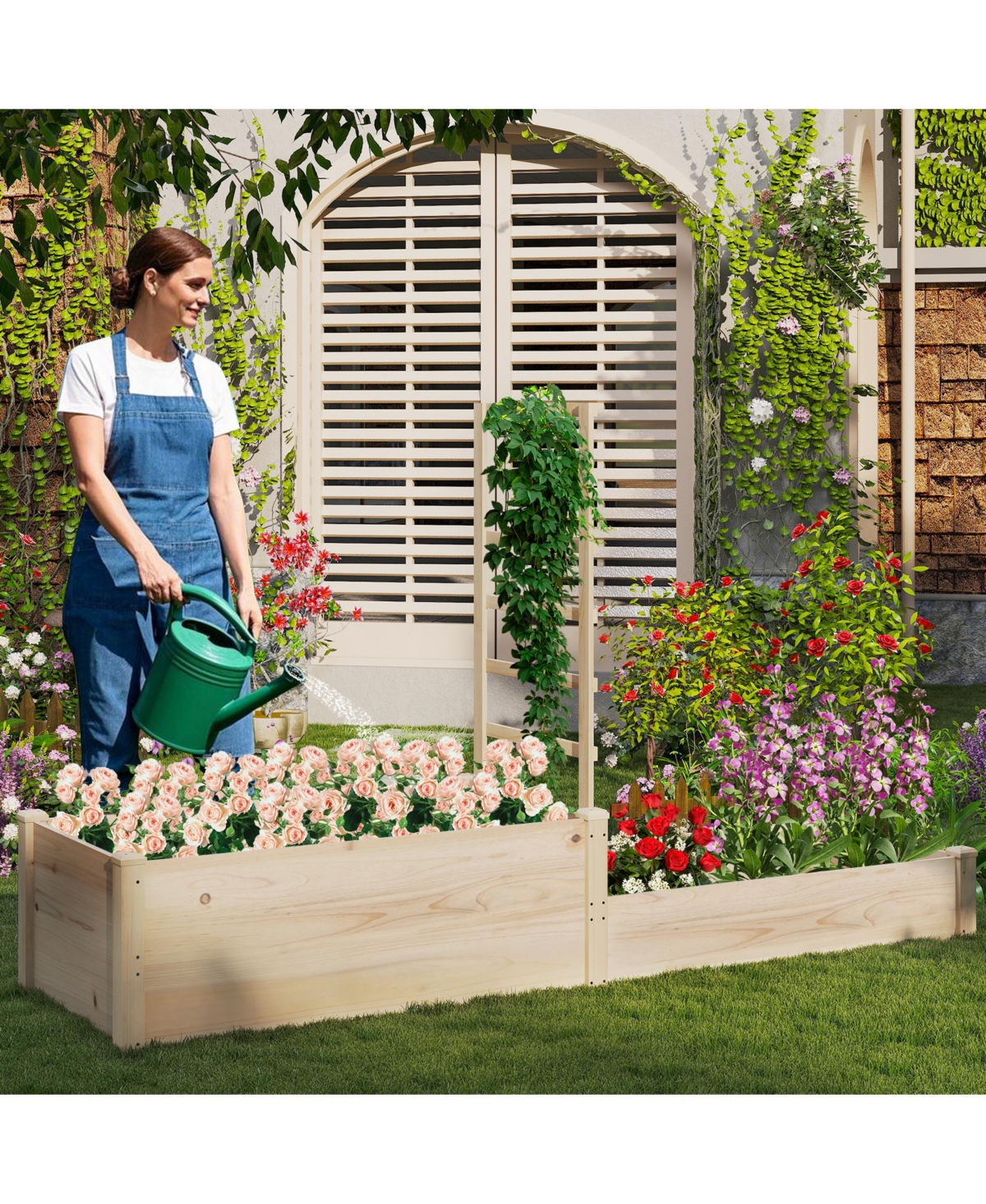Raised Garden Bed with Trellis 87 Inch Wooden Elevated Planter with 2 Planter Boxes