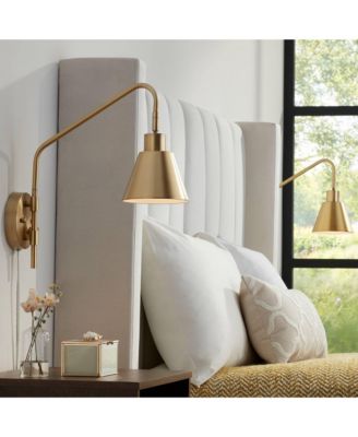  Set of 2 Brass Plug-in Light Fixture Tapered Metal Shade Marybel Modern Swing Arm Wall Lamps
